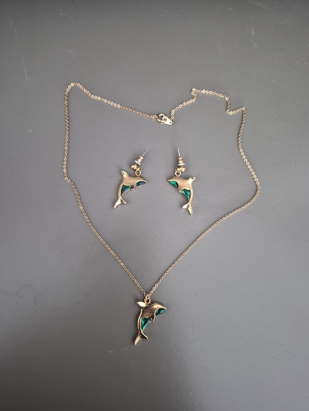 Gold Dolphin Pendant Necklace and Earring Set with Green Inlay